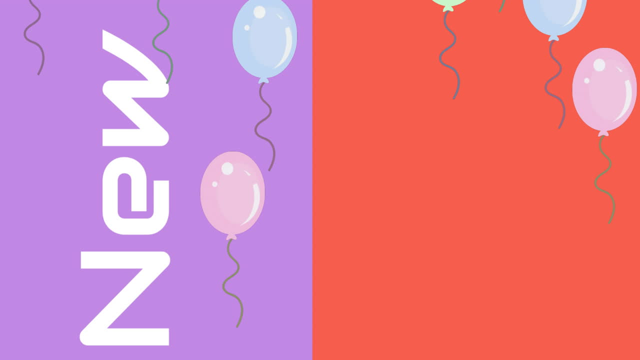 animación de texto de feliz año nuevo sobre globos