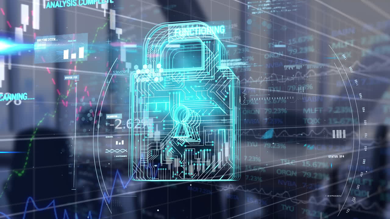 Animation of online security padlock and data processing over empty office
