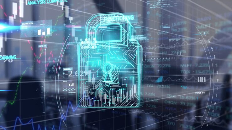 Animation of online security padlock and data processing over empty office
