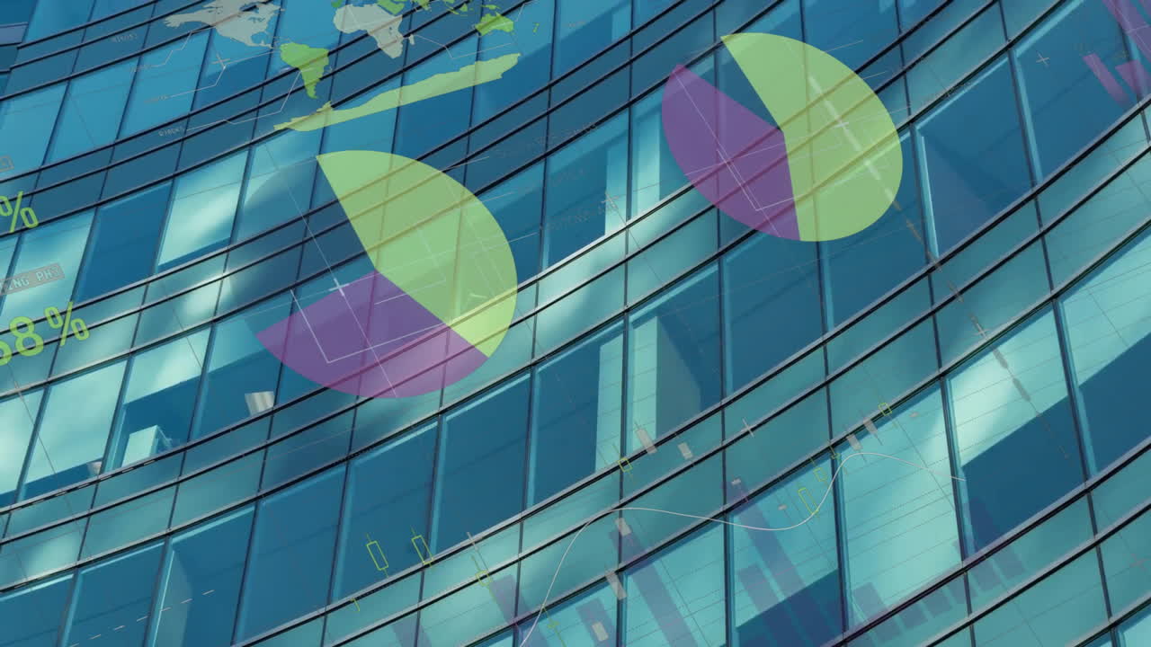 Animation af finansiel databehandling over kontorbygning i by