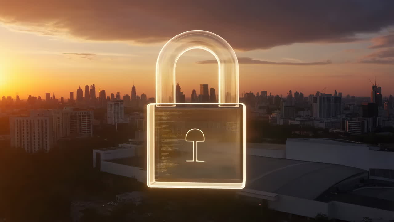 Digital Security Concept with Glowing Padlock Over City Skyline at Sunset
