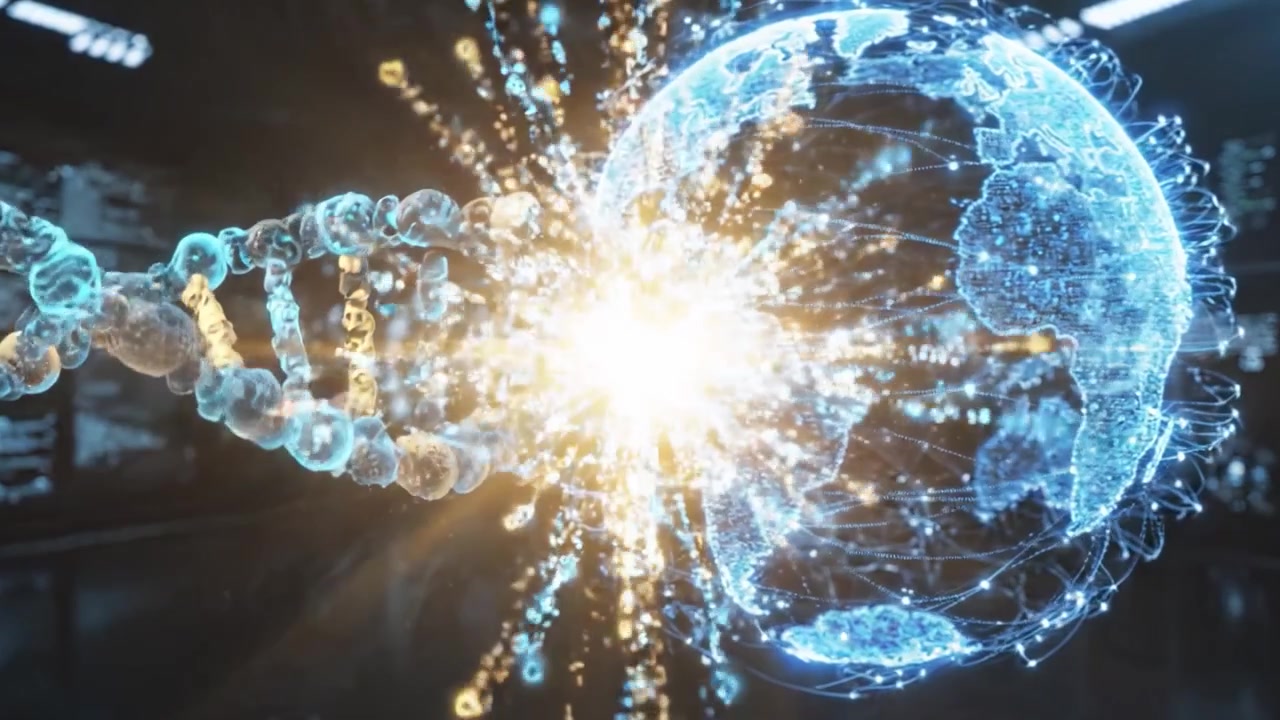 Una visualizzazione futuristica dell'elica del DNA e di un globo digitale che rappresentano la mappatura genetica e la connettività globale.