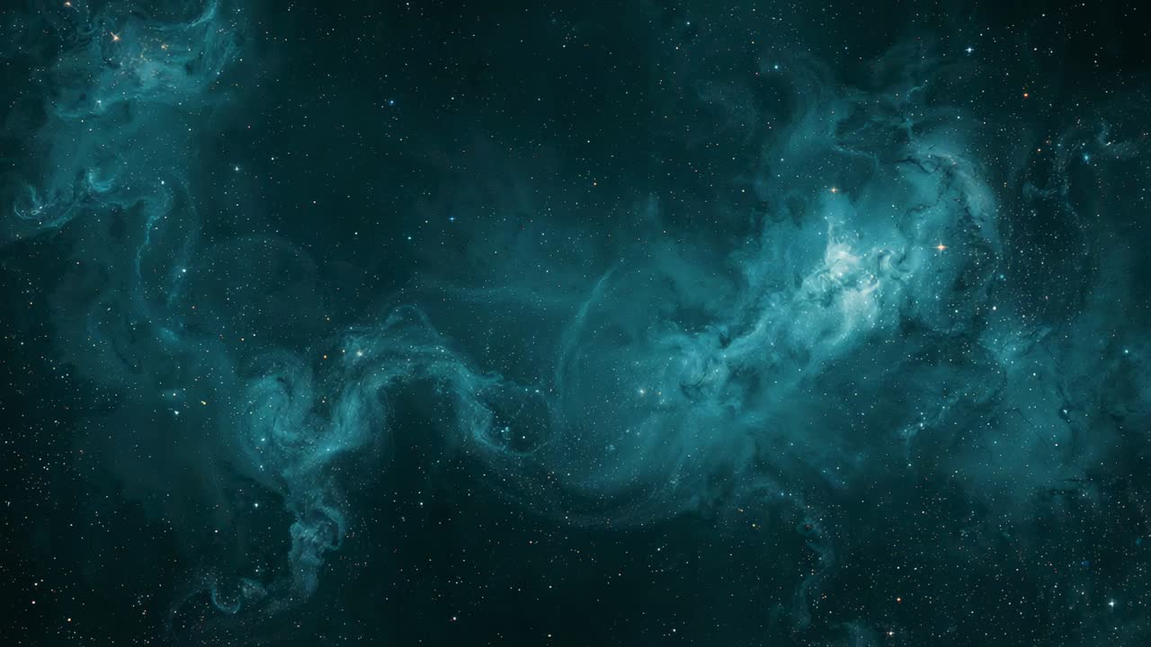 Swirling teal-blue nebular cloud shifting as internal motion refining brighter knot in deep space