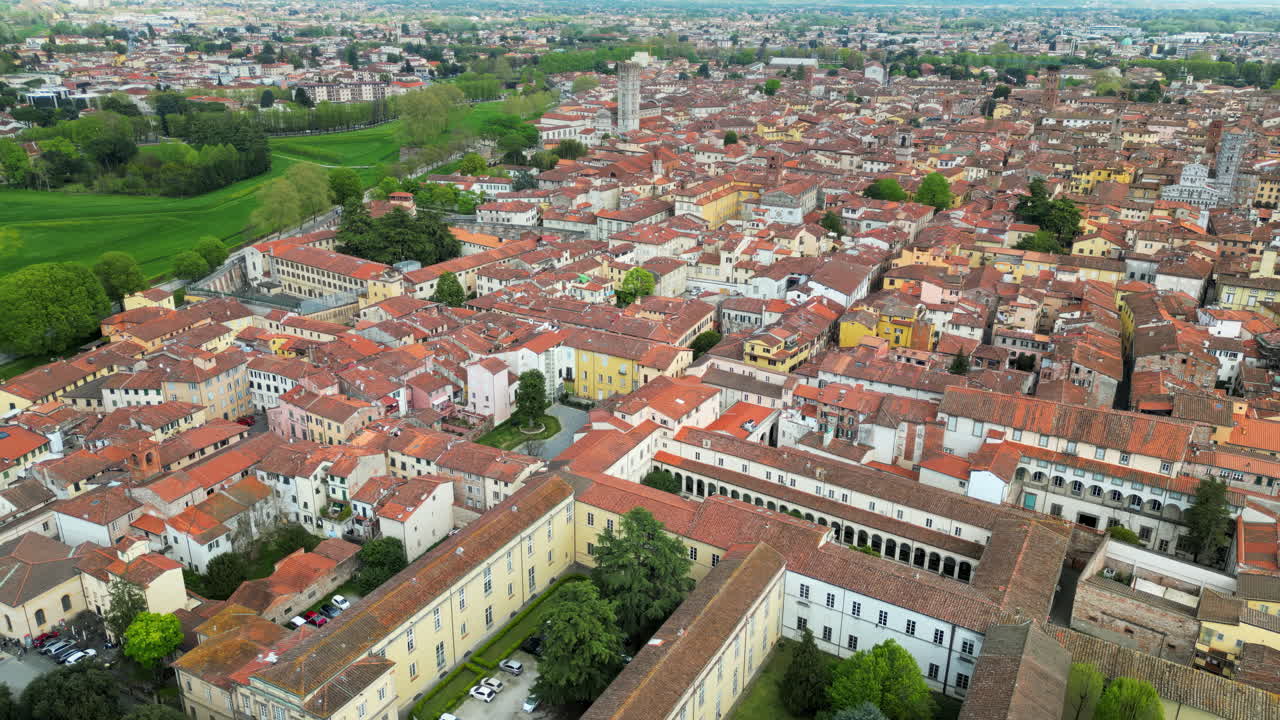 Aerial drone view of the Lucca city on the Serchio river in Italy's Tuscany region