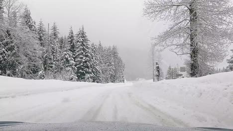 Driving-Through-Snowy-Off-Road-On-Snowfall-Day-At-Snoqualmie,-Washington-State-In-USA