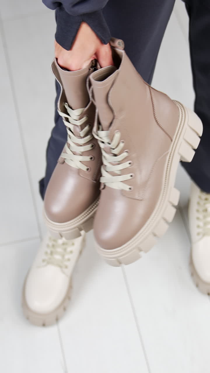 Female model wearing loose pants and white tractor sole boots holding another pair of beige boots in hands. View from above. White floor backdrop. Vertical video