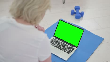 vista trasera de una anciana usando una computadora portátil con pantalla de tecla cromada en una alfombra de yoga