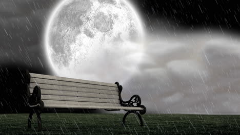 animation of bench over rain and full moon with clouds on sky in background