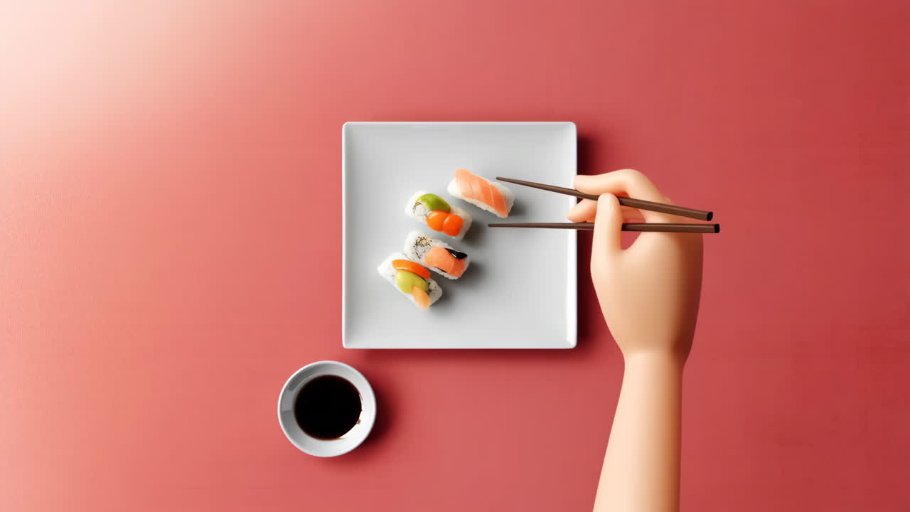 Cartoon Hand Eating Sushi with Chopsticks