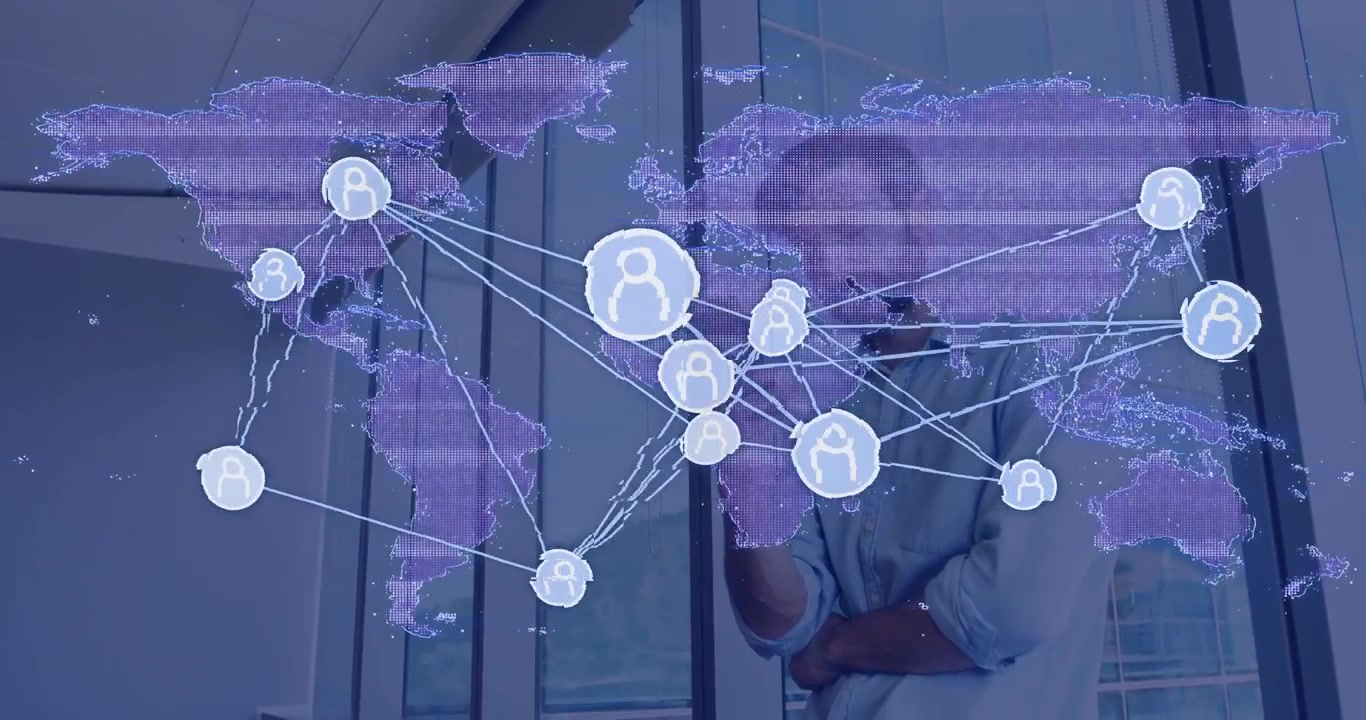 Businessman gesturing, making purple map overlay animate user icons and lines for business analysis