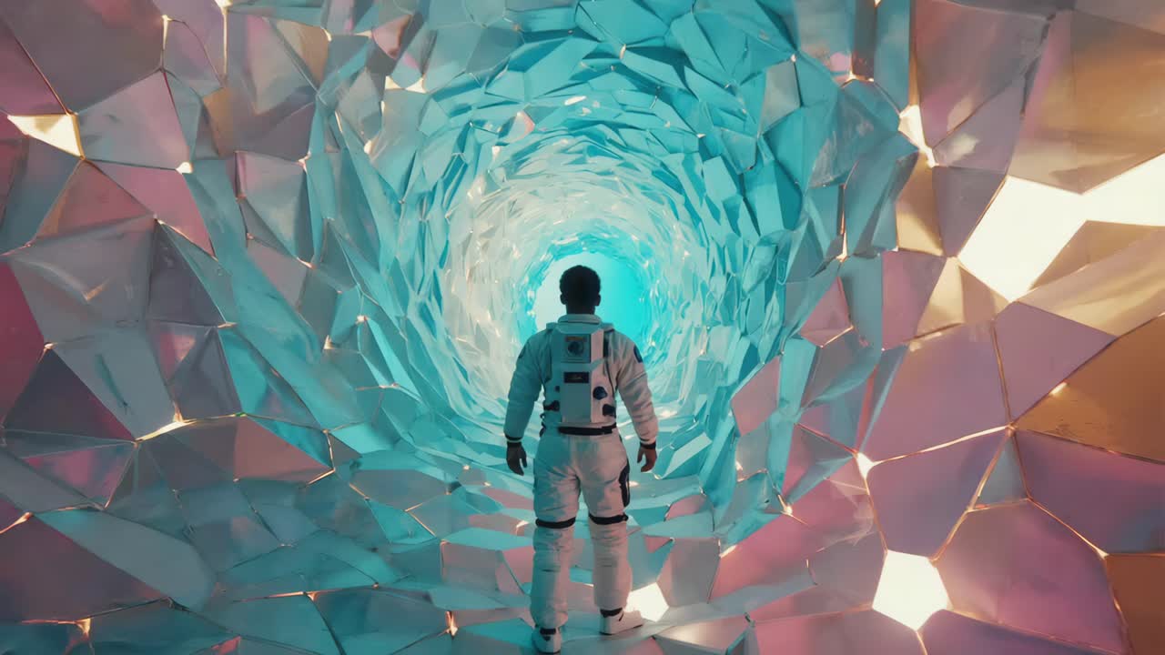 An Astronaut Walking Through a Crystal Tunnel