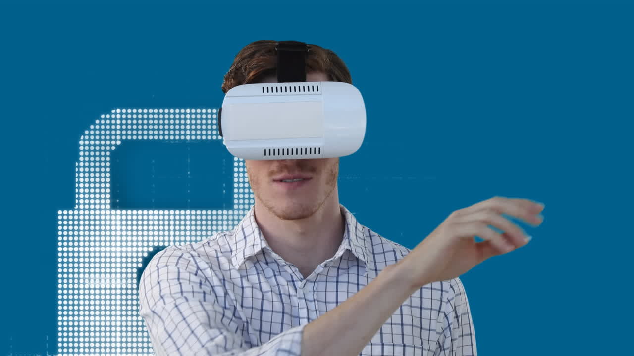 animación de un hombre caucásico que usa auriculares vr sobre un candado de seguridad