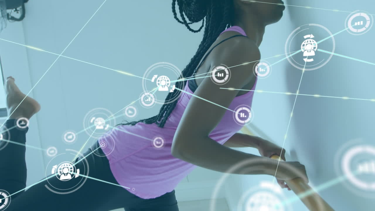 animación de perfil conectado y iconos de gráficos sobre mujer afroamericana practicando estiramiento.