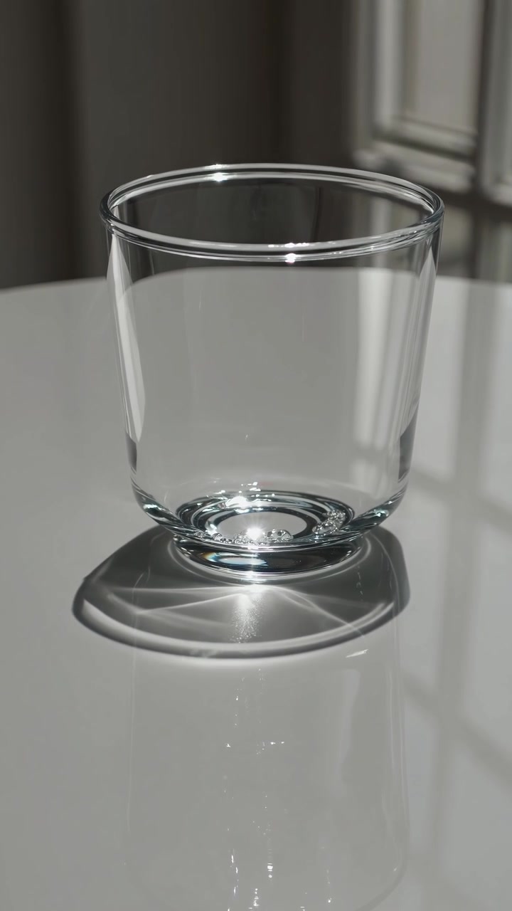 Bicchiere vuoto su un tavolo bianco con luce solare cangiante e riflessi.