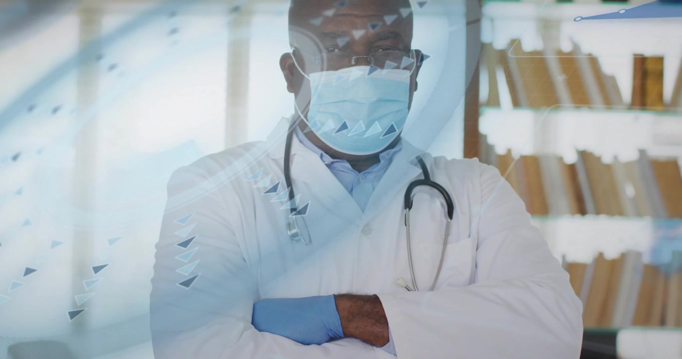 Des graphiques abstraits s'estompent, révélant un médecin senior avec masque et stéthoscope, créant un focus médical.