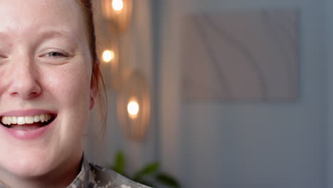 smiling woman in room, showcasing positive attitude and environment, copy space