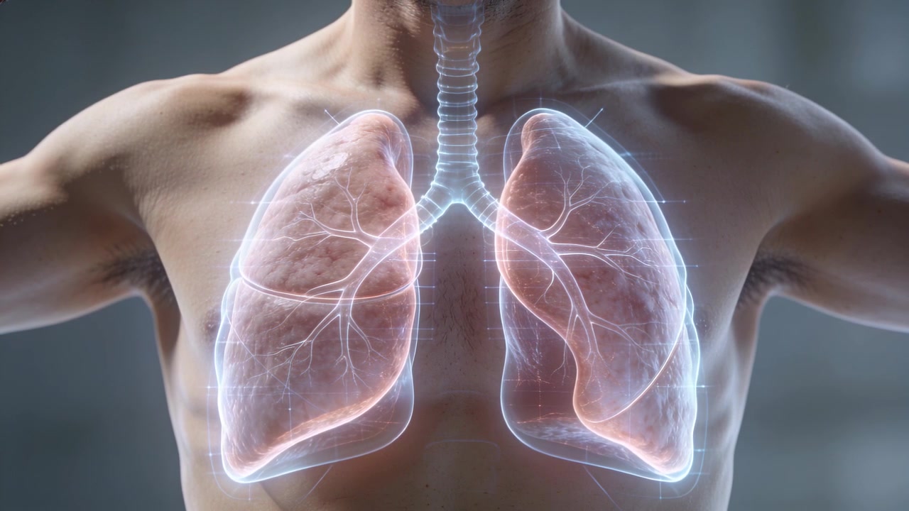 Evidenziando trachea e bronchi, ologramma di polmoni pulsanti su un torso nudo in laboratorio che mostra la respirazione.