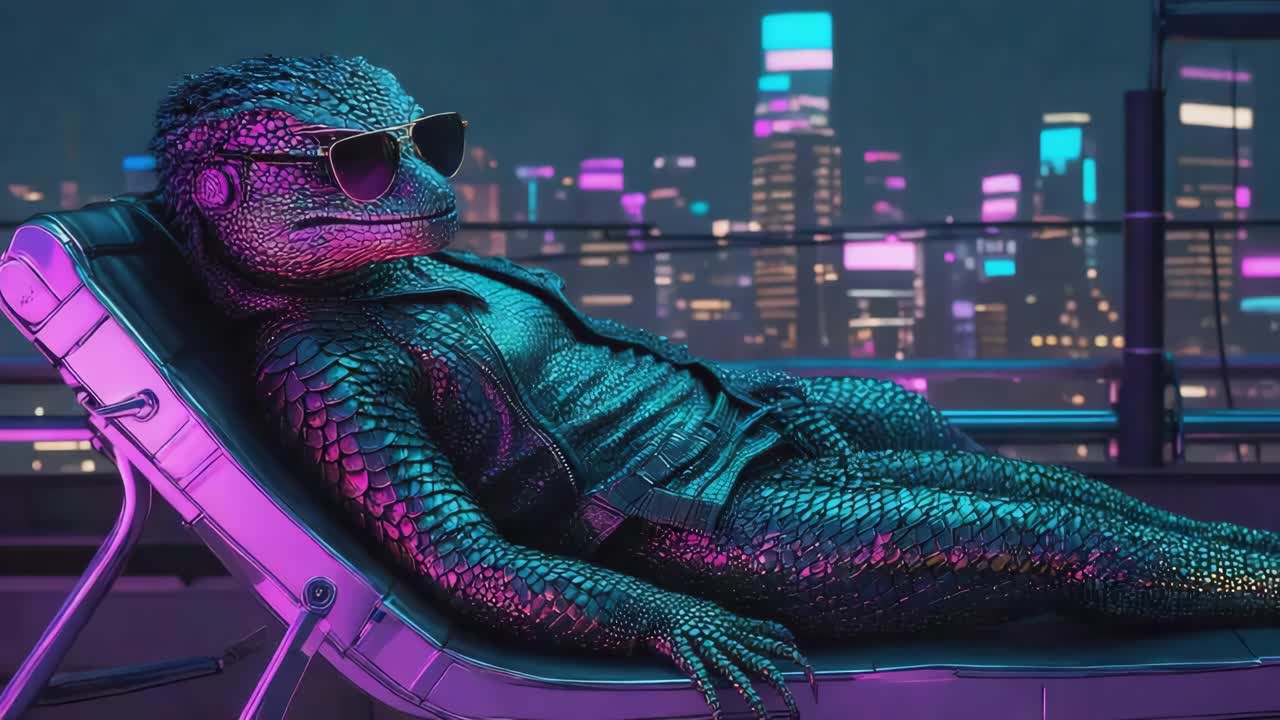 Lizard in Sunglasses Lounging in a Chair at Night