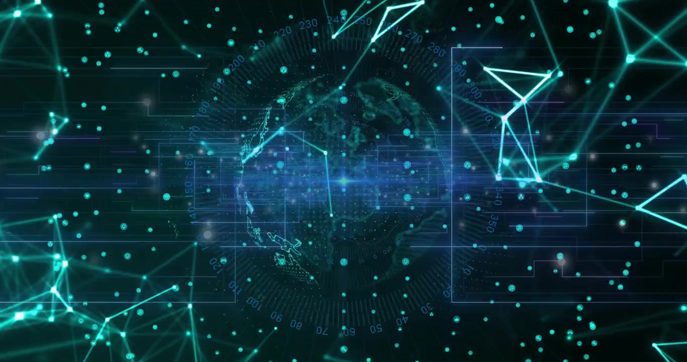Animation of network of connections with spots over globe on black background