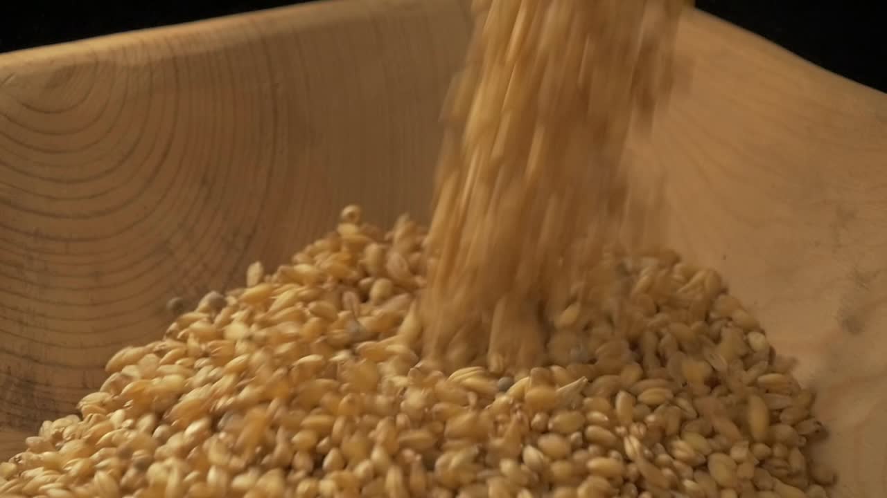 Slow motion. Grain pours into a wooden bowl