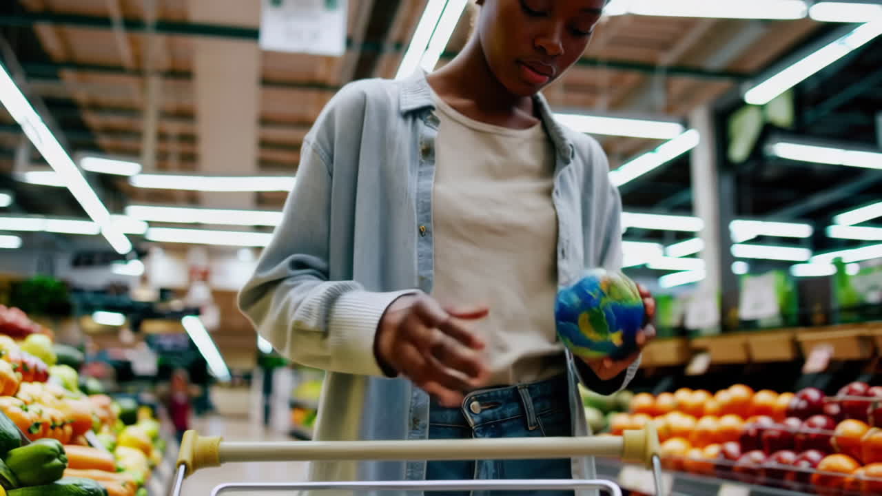 Donna che fa shopping con un mappamondo nel carrello