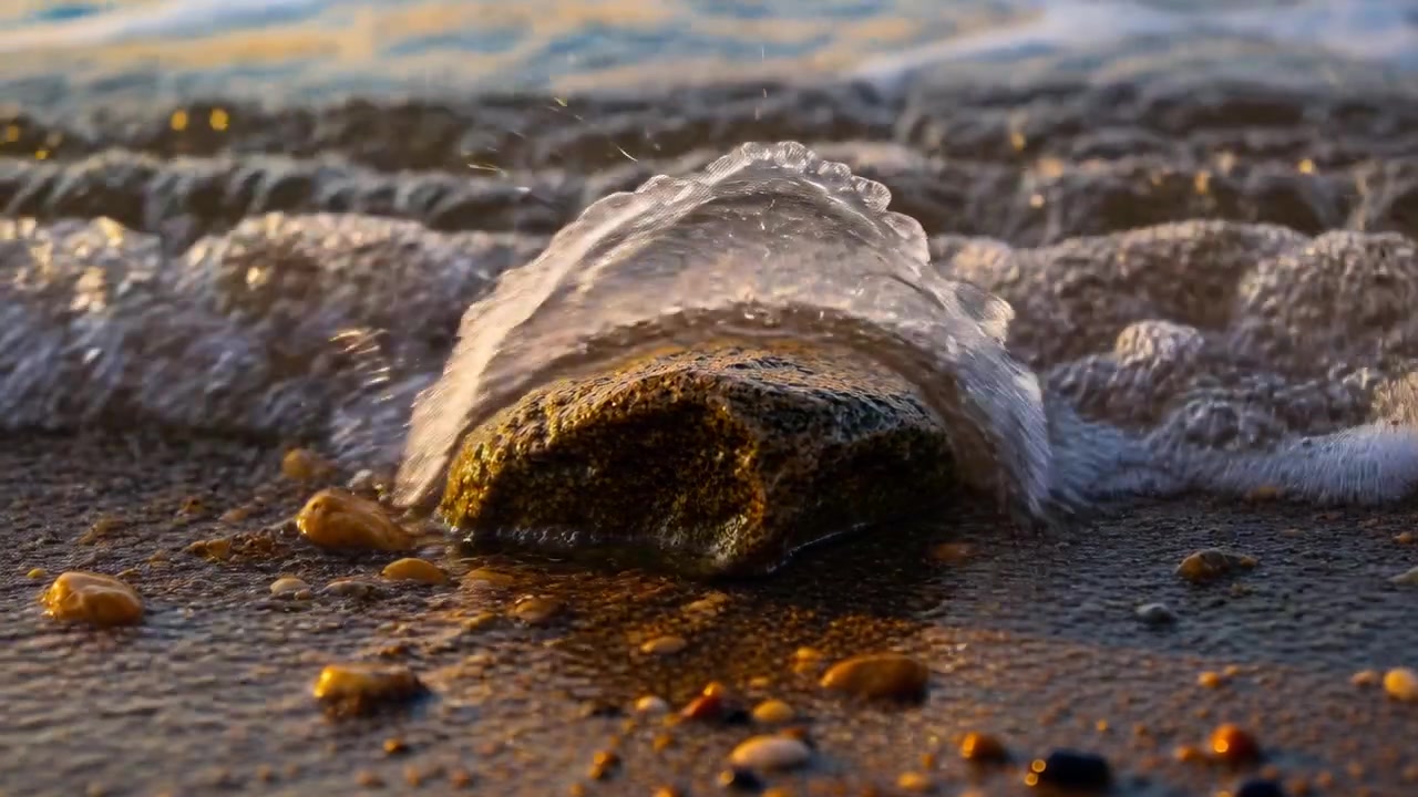 Lapping incoming wash brushing single dark rock at shore, showing pebbles, foam, thin film glinting