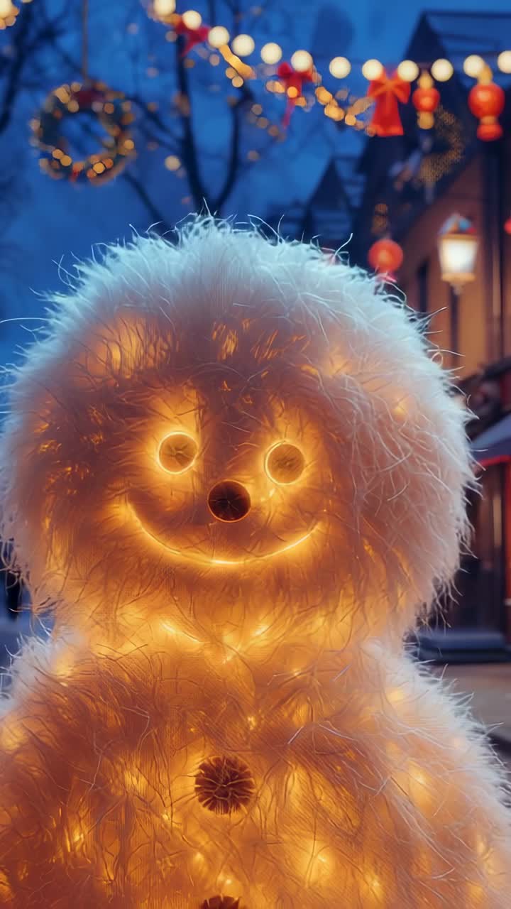 Vertical video: Opening shot pulling back from lit snowman revealing lantern lit street with wreath