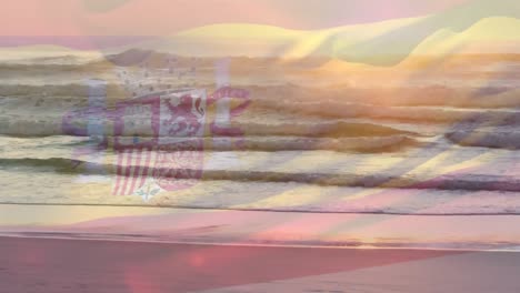 Digital-composition-of-waving-spain-flag-against-view-of-the-beach-and-sea-waves