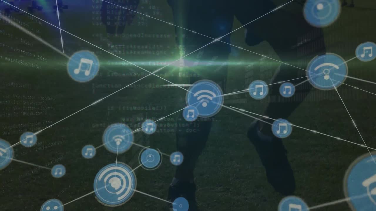 animación de conexiones sobre las piernas de un jugador de fútbol afroamericano y procesamiento de datos