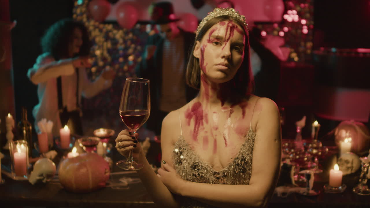 와인을 마시는 젊은 여성.