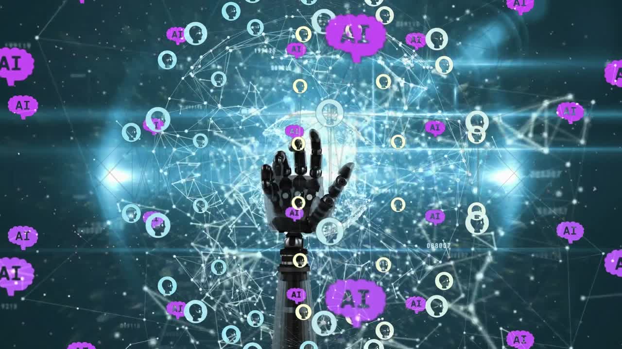 Animation of ai data processing over robot's arm and dark background