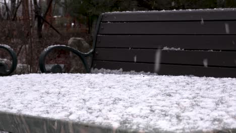 snow in a park with benches and table