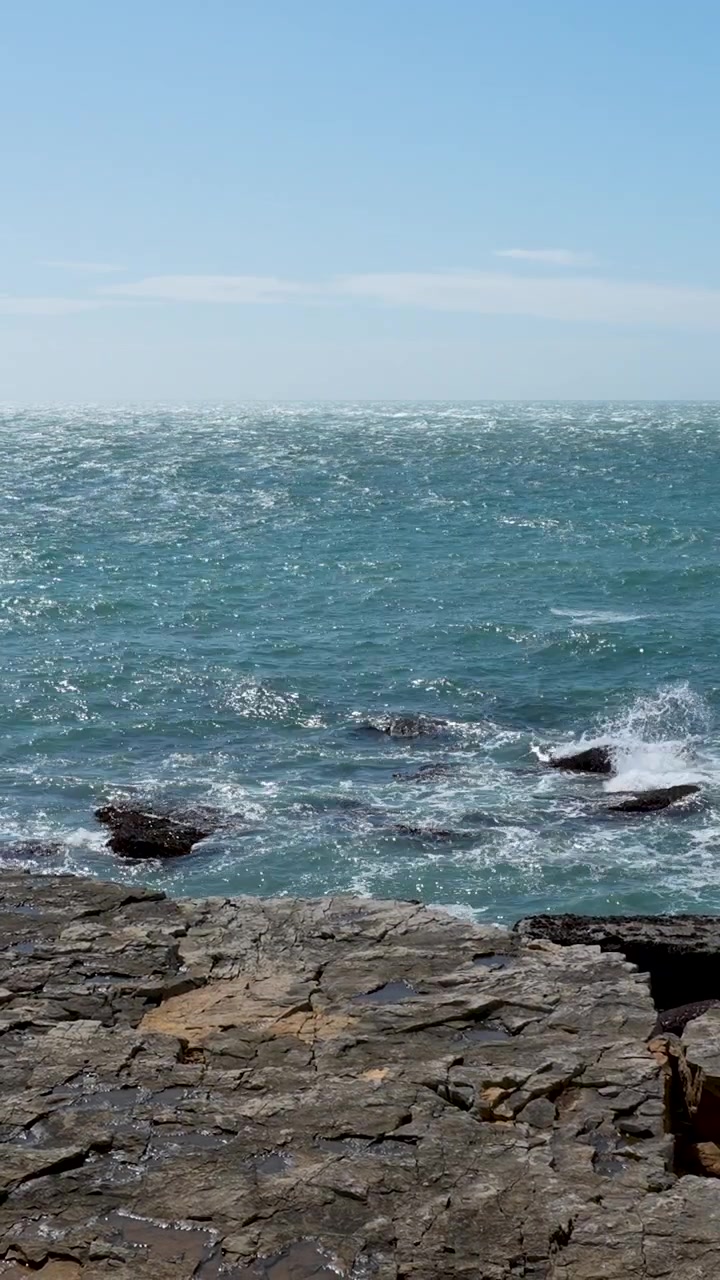 Un'inquadratura verticale cinematografica di onde oceaniche blu che si infrangono su una costa rocciosa e frastagliata sotto un cielo limpido. Paesaggio naturale autentico per contenuti di viaggio e benessere