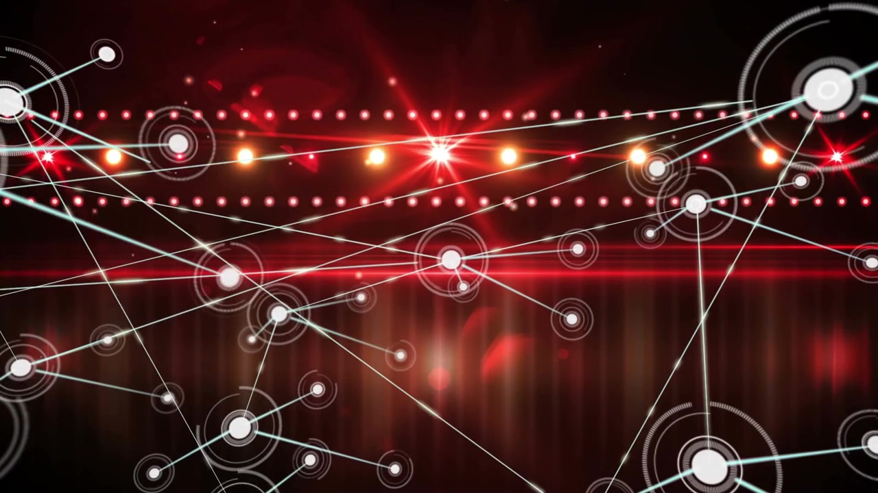 Animazione di connessioni di rete su luci rosse geometriche.