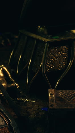 close-up of an ornate golden chest with gold coins scattered around it