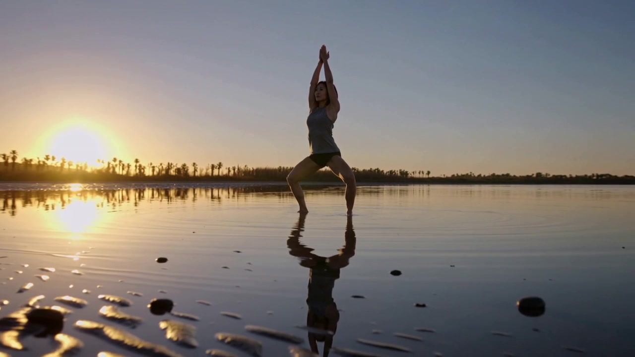 La telecamera si allontana rivelando una donna in canotta e pantaloncini neri che mantiene la posizione di squat in una piana di marea, praticando yoga.