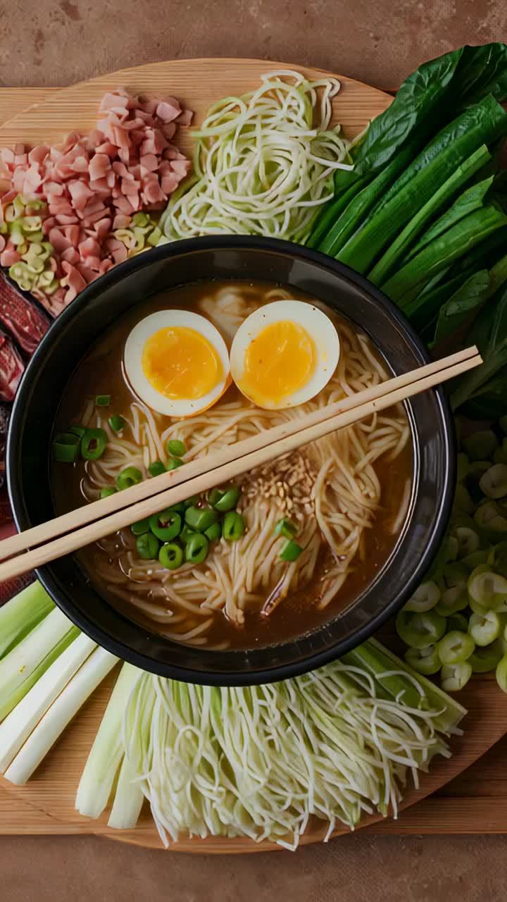 Video verticale: la camera esegue lo zoom sulla ciotola di ramen nero sul bancone per l’impiattamento, con bacchette e uova