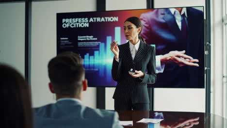 businesswoman giving a professional presentation in a modern conference room