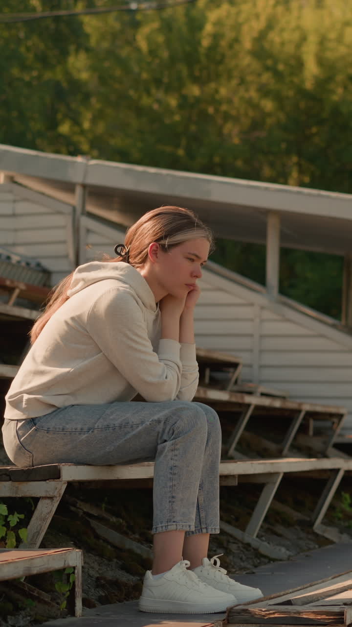 Thoughtful young woman in casual attire sitting on rustic stadium bleachers with hands resting on chin, surrounded by greenery in peaceful outdoor setting, she appears pensive and reflective