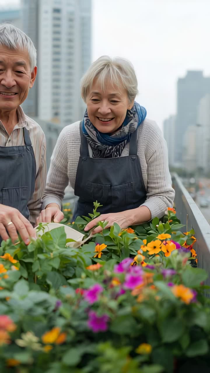 Vertical video: Leaning couple tending balcony bed, inspecting flowers, holding brown bag in aprons