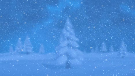 Animation-of-snow-falling-over-winter-fir-trees-landscape-background