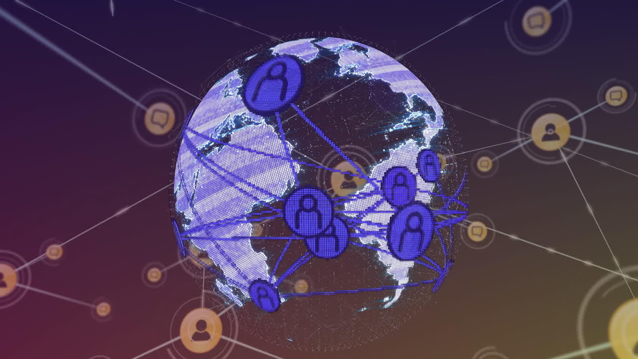 Animation of network of digital icons over spinning globe against purple gradient background