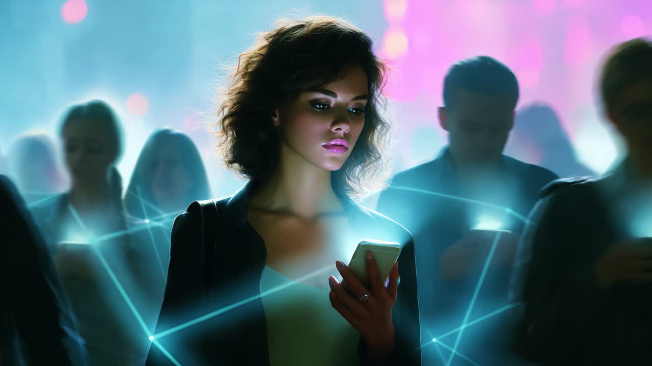A young woman stands out in a sea of people as she intently engages with her smartphone, surrounded by a vibrant digital atmosphere, where glowing connections symbolize the interconnectedness of technology and society