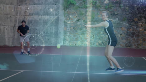 tennis opponents rallying on outdoor court, showcasing sports tech with floating hud graphics