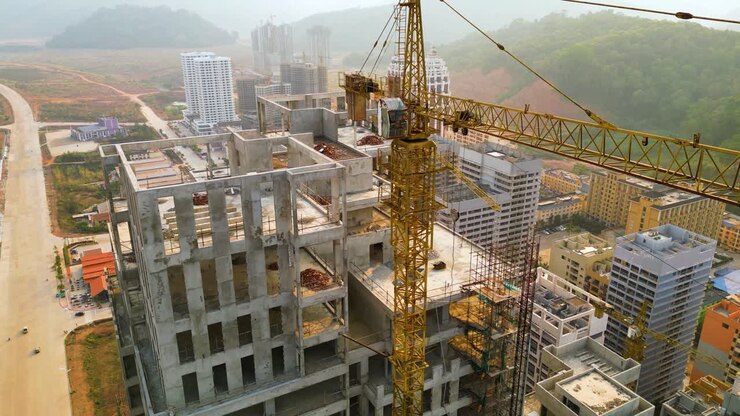 Slow rising shot revealing buildings being constructed in Boten Special Economic Zone