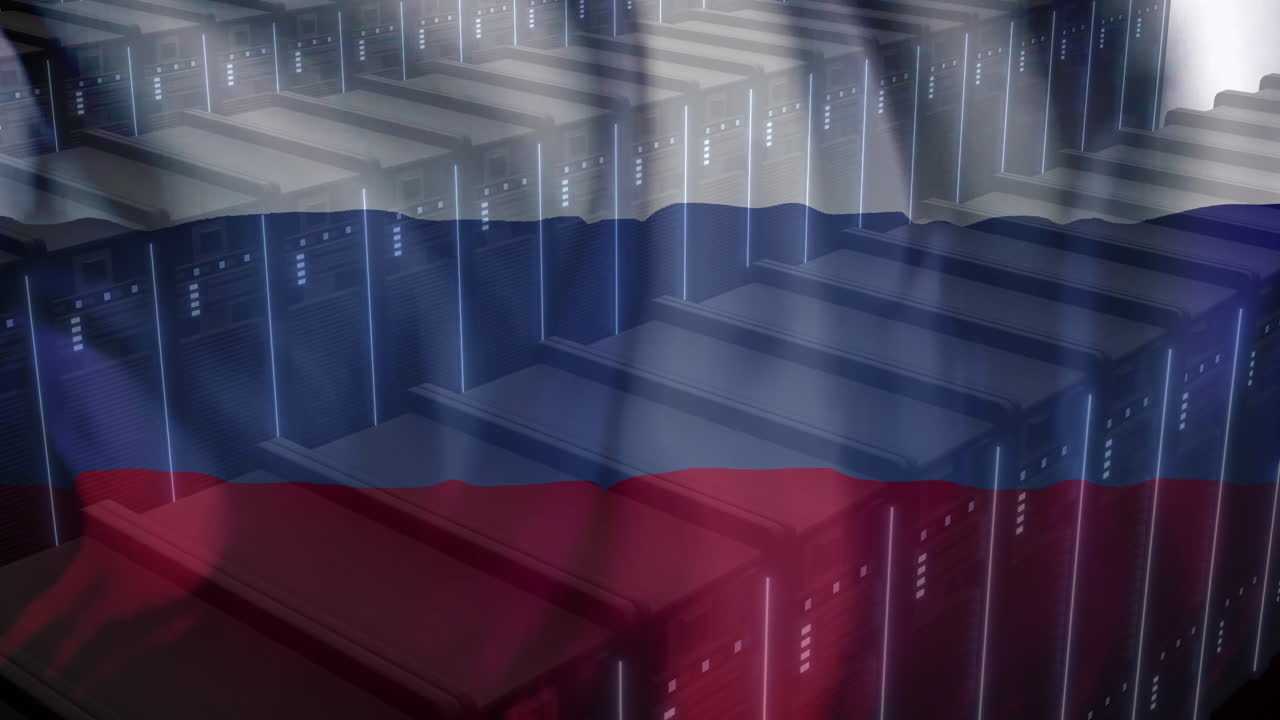 데이터 센터의 서버 랙의 줄 위에 있는 러시아 발 애니메이션