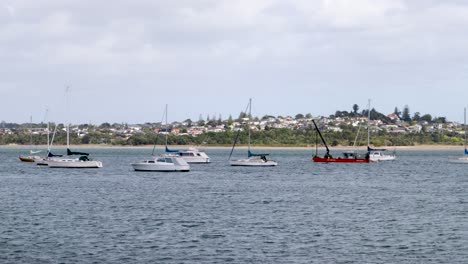 Eine-Handaufnahme-Von-Einigen-Booten,-Die-An-Einem-Windigen-Und-Bewölkten-Tag-Auf-Einem-See-Mit-Einem-Wohngebiet-Im-Hintergrund-In-Auckland,-Neuseeland,-Schwimmen