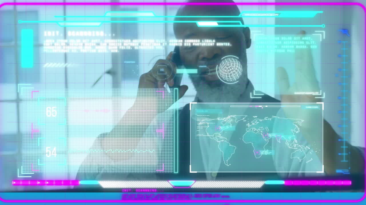Animation of data processing against african american businessman talking on smartphone at office