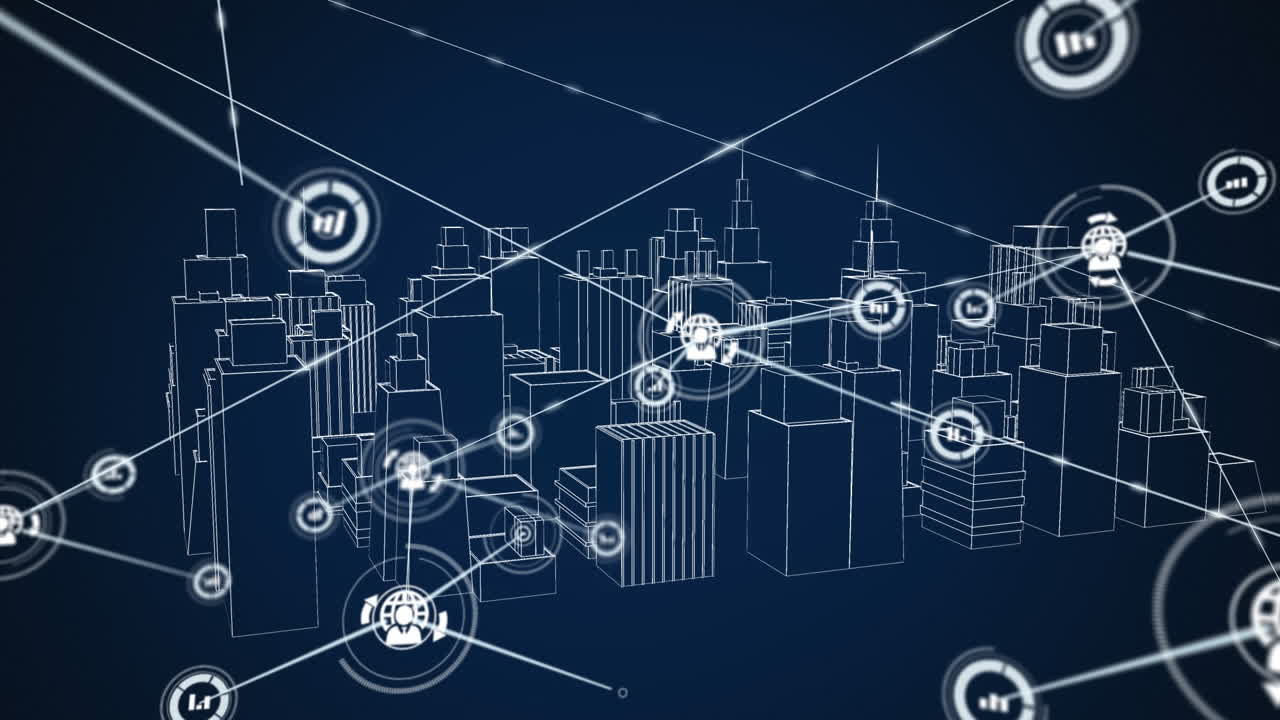 Animation of network of connections over metaverse cityscape on navy background