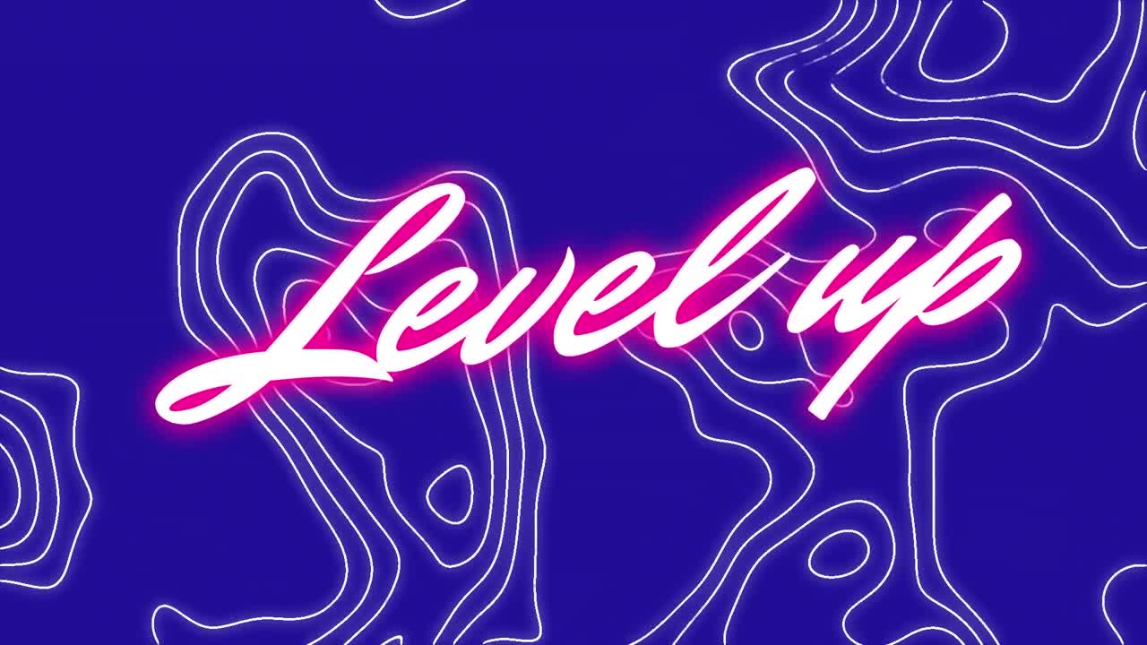 Animation of level up text over moving shapes on blue background